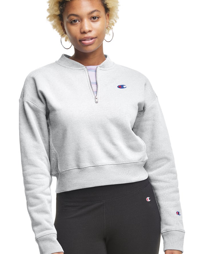 Champion Womens Sweatshirt NZ - Reverse Weave Cropped 1/4 Zip Grey ( 2976-LEHSX )